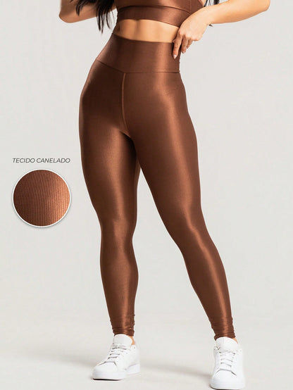 Calça legging fitness feminina canelada cintura alta com brilho