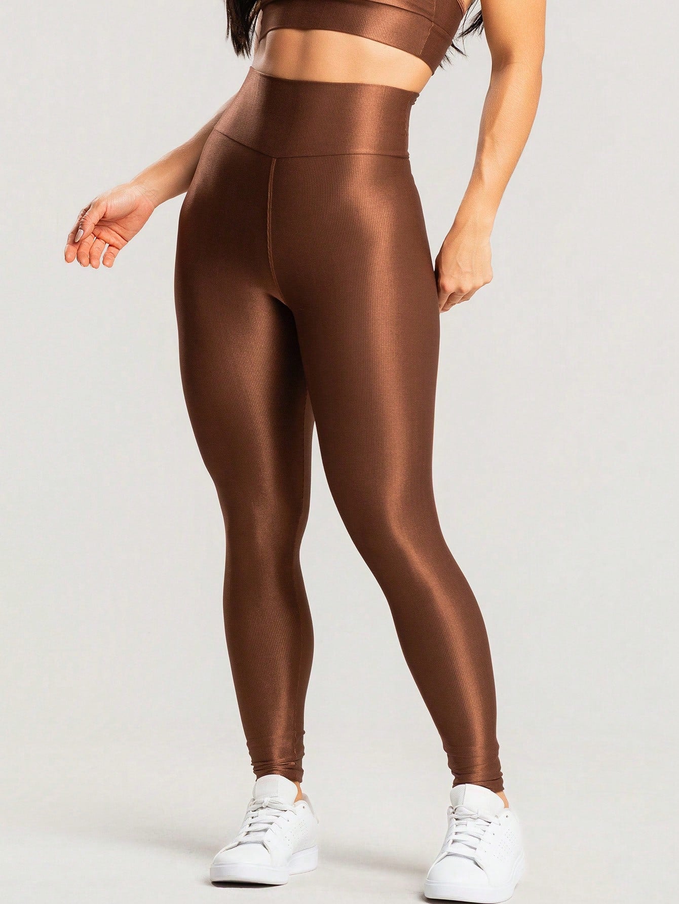 Calça legging fitness feminina canelada cintura alta com brilho para treino premium