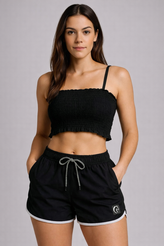 Shorts Esportivo Preto com Cós Elástico, Cordão Ajustável e Bolsos Funcionais