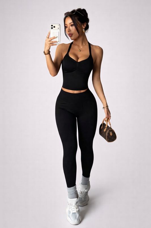 Conjunto Fitness Sem Costura – Regata Nadador + Legging Cintura Alta