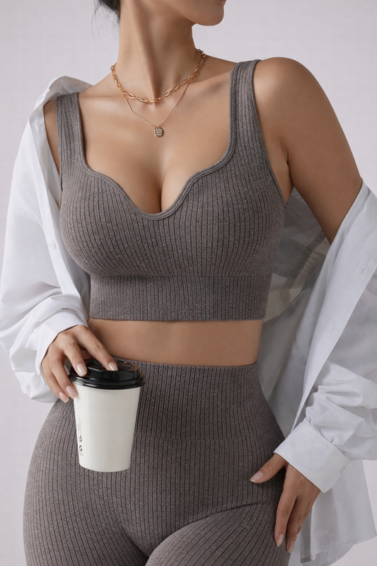 Conjunto de Sutiã Esportivo e Legging Elástica e Sem Costura Canelado