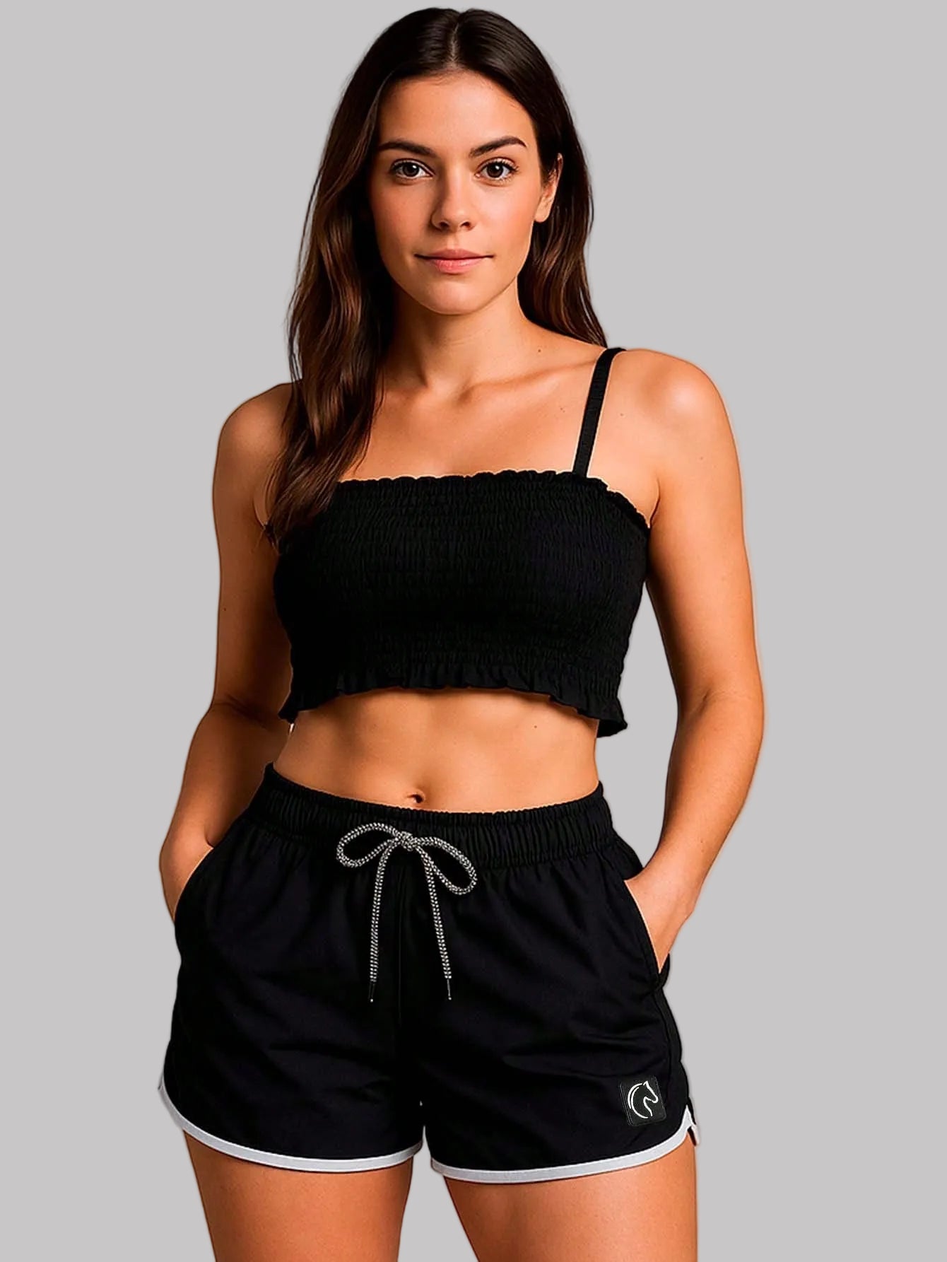 shorts esportivo feminino preto com cós elástico e cordão ajustável